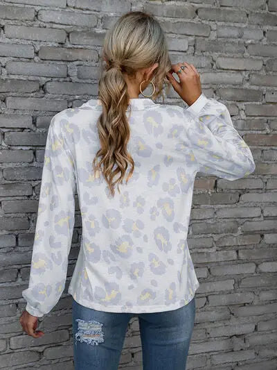 Blue Zone Planet | Leopard V-Neck Decorative Button Long Sleeve Blouse BLUE ZONE PLANET