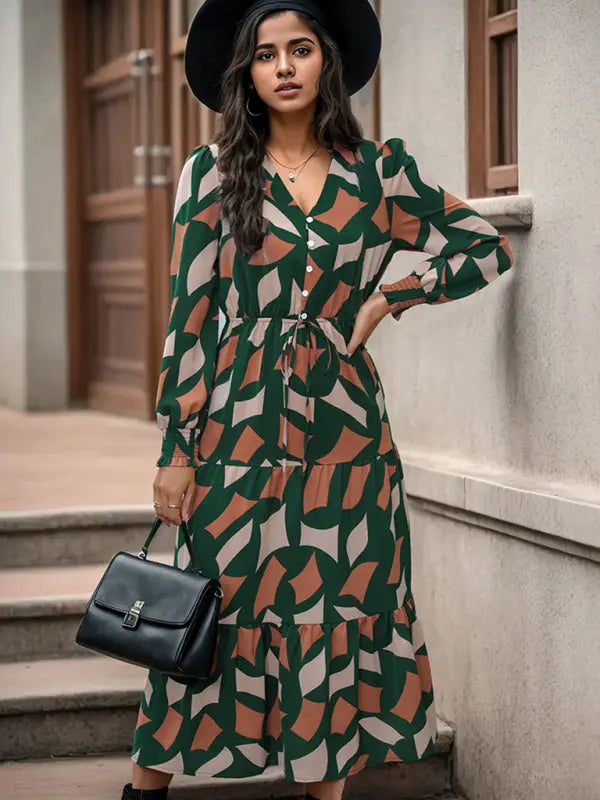 Blue Zone Planet | Long Sleeve Geometric Print V-Neck Midi Dress BLUE ZONE PLANET