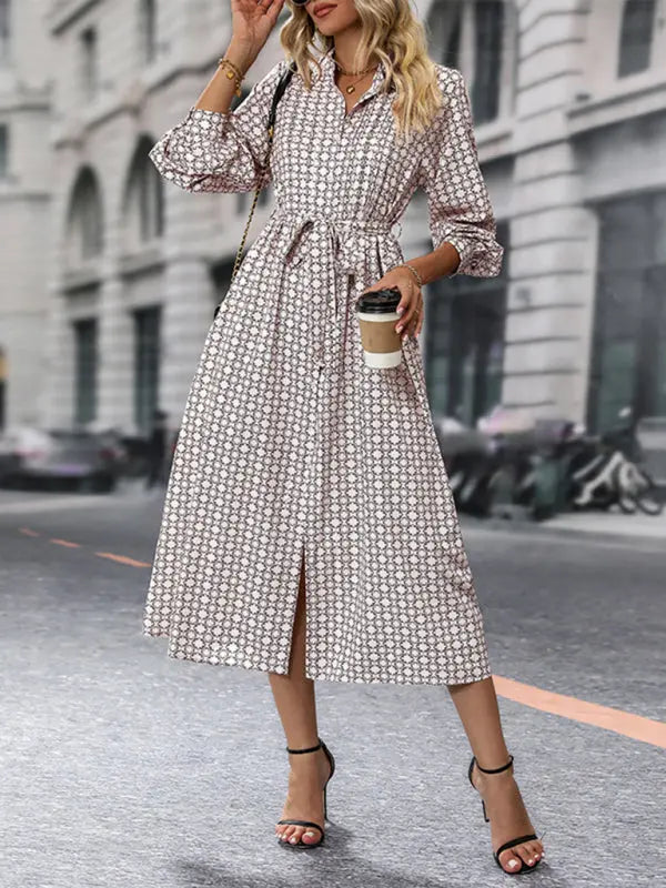 Blue Zone Planet | Long Sleeve Printed Midi Dress With High-Waist Tie Belt BLUE ZONE PLANET