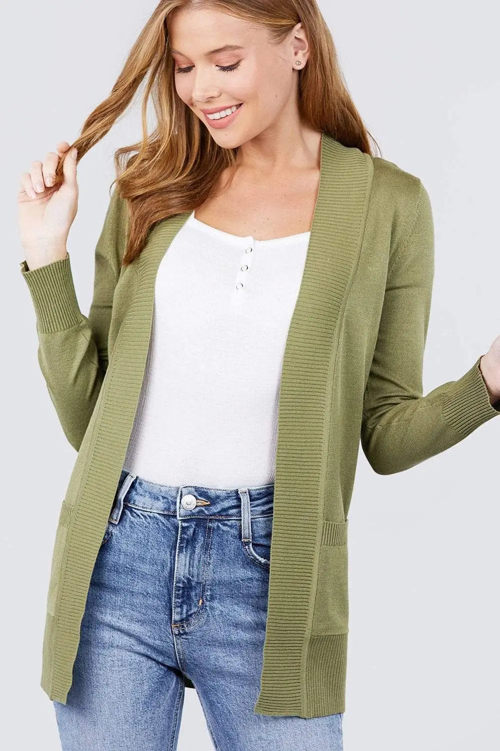 Blue Zone Planet | Long Sleeve Rib Banded Open Sweater Cardigan With Pockets Blue Zone Planet