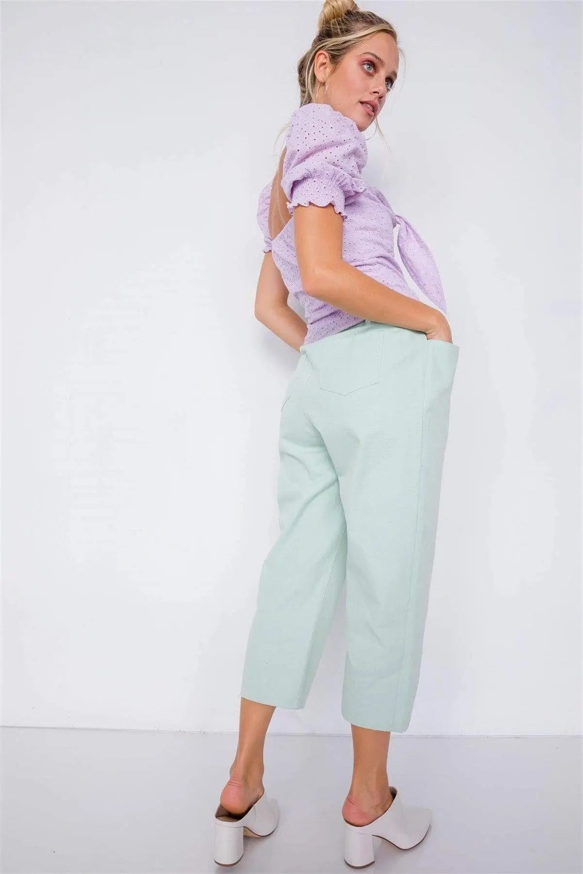 Blue Zone Planet | Pastel Chic Solid Ankle Wide Leg Adjustable Snap Waist Pants Blue Zone Planet