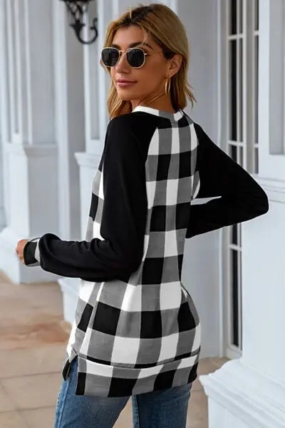 Blue Zone Planet | Plaid Round Neck Long Sleeve T-Shirt BLUE ZONE PLANET