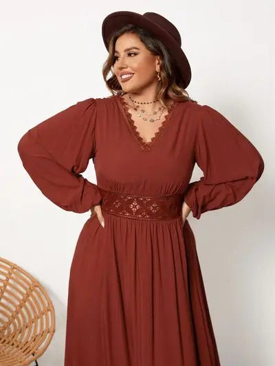 Blue Zone Planet | Plus Size Lace Detail V-Neck Balloon Sleeve Dress BLUE ZONE PLANET