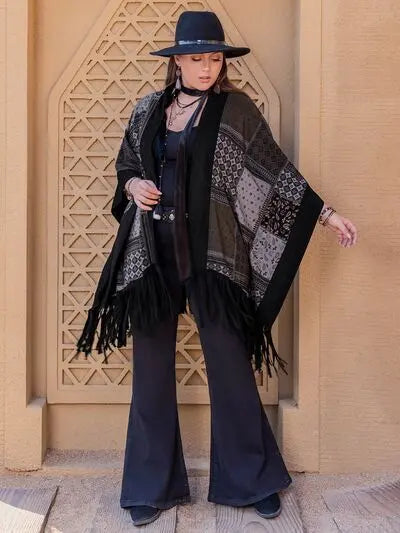 Blue Zone Planet | Plus Size Printed Fringe Open Front Outerwear BLUE ZONE PLANET