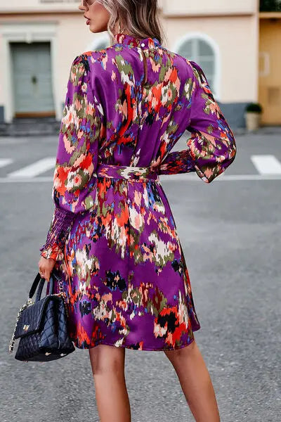 Blue Zone Planet | Printed Tie Waist Mock Neck Lantern Sleeve Dress BLUE ZONE PLANET