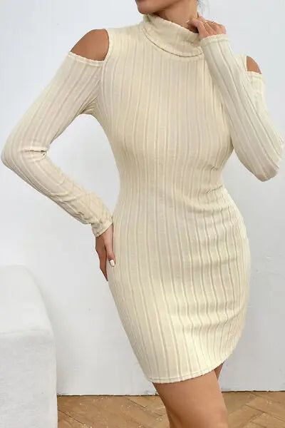 Blue Zone Planet | Ribbed Turtleneck Cold Shoulder Long Sleeve Mini Dress BLUE ZONE PLANET