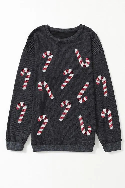 Blue Zone Planet | Sequin Candy Cane Round Neck Sweatshirt BLUE ZONE PLANET