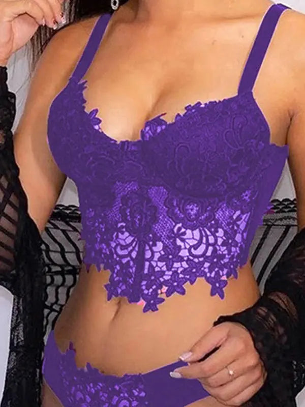 Blue Zone Planet | Spaghetti Straps Crochet Lace Hollow Out Bra Thong Lingerie Set BLUE ZONE PLANET
