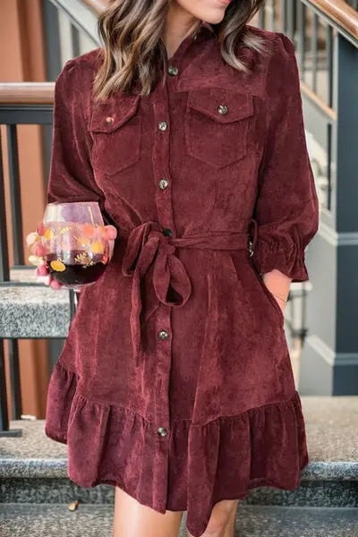 Blue Zone Planet | Tied Button Up Ruffle Hem Dress BLUE ZONE PLANET