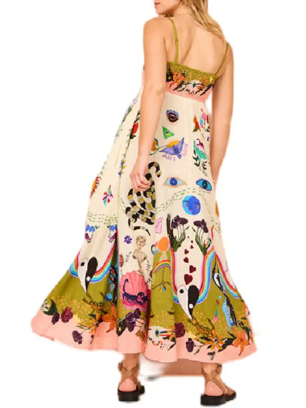 Blue Zone Planet | Women's New Sexy Cotton and Linen Suspender Graffiti Print Sleeveless Swing Dress BLUE ZONE PLANET