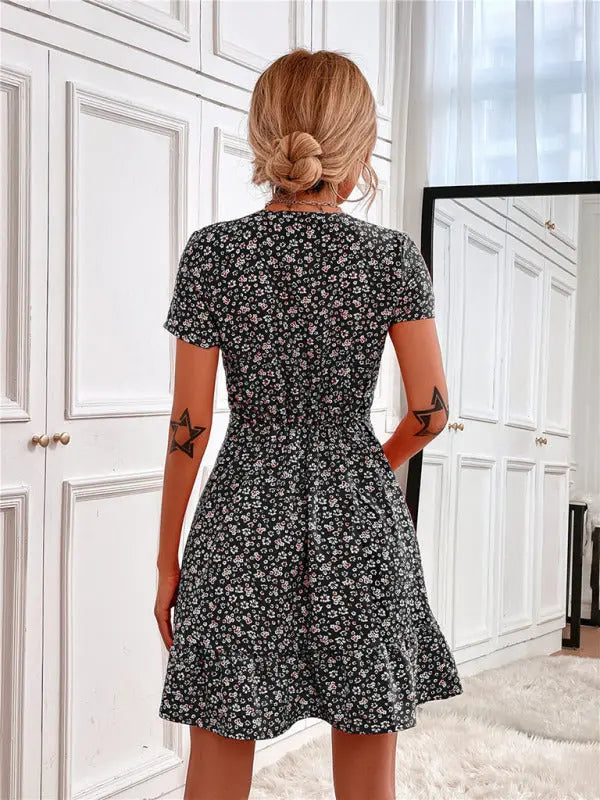 Blue Zone Planet | Zoe's Woven V-Neck Ditsy Print Short Sleeve Mini Dress BLUE ZONE PLANET