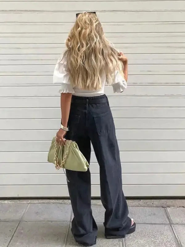 Blue Zone Planet | high-waist floor-length loose slimming straight wide-leg jeans BLUE ZONE PLANET