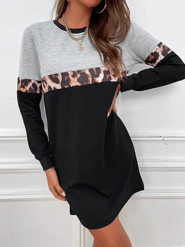 Blue Zone Planet | long sleeve sweater dress with leopard print accent BLUE ZONE PLANET