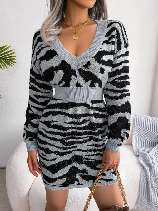 Blue Zone Planet | tiger pattern Lantern Sleeve waist closed wool dress BLUE ZONE PLANET