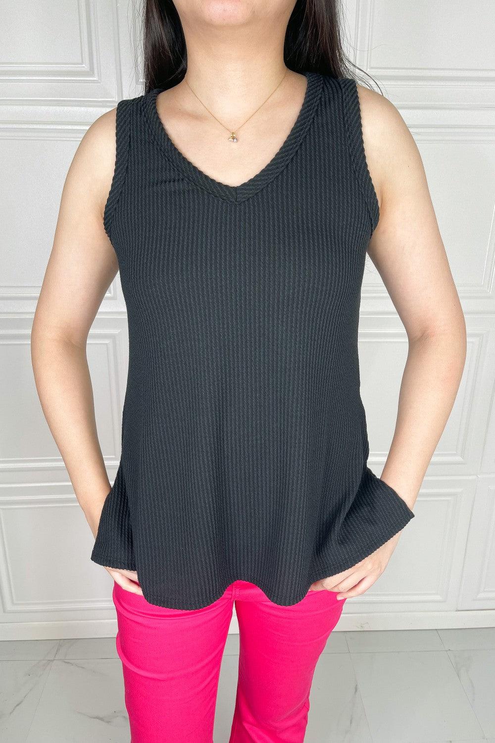 Blumin Apparel Chance of Sun Full Size Ribbed V-Neck Tank in Black BLUE ZONE PLANET