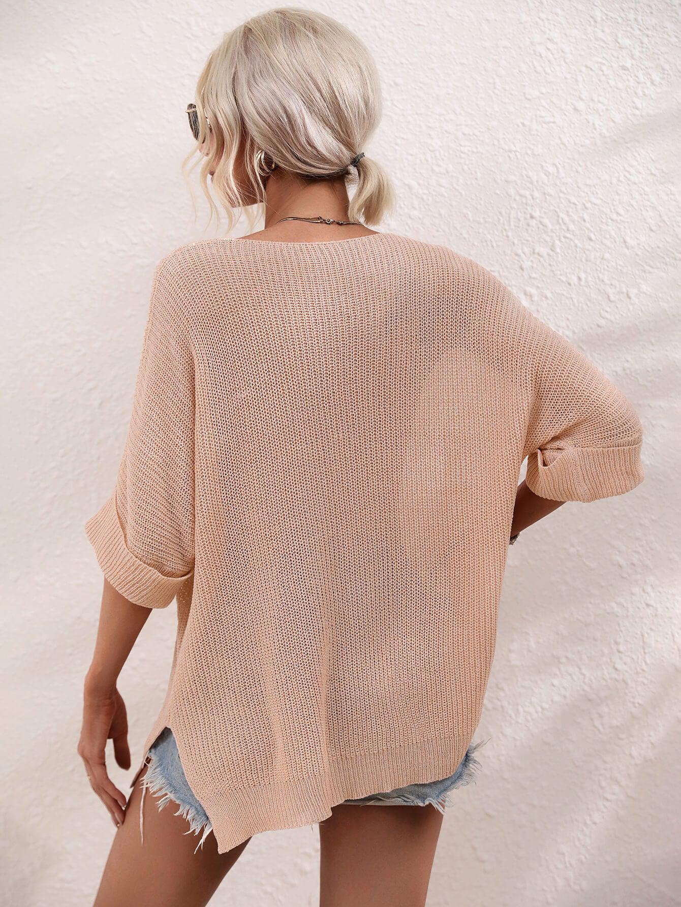 Boat Neck Cuffed Sleeve Slit Tunic Knit Top BLUE ZONE PLANET