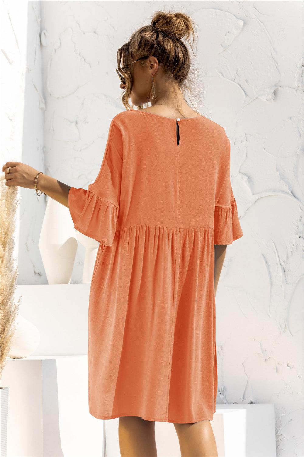 Boat Neck Flounce Sleeve Knee-Length Dress BLUE ZONE PLANET