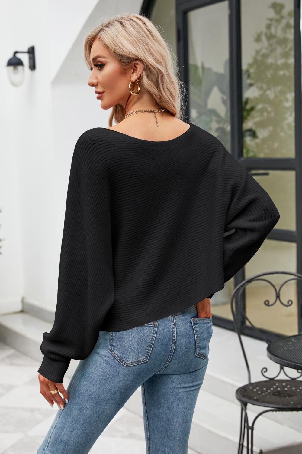 Boat Neck Horizontal Ribbing Dolman Sleeve Sweater BLUE ZONE PLANET