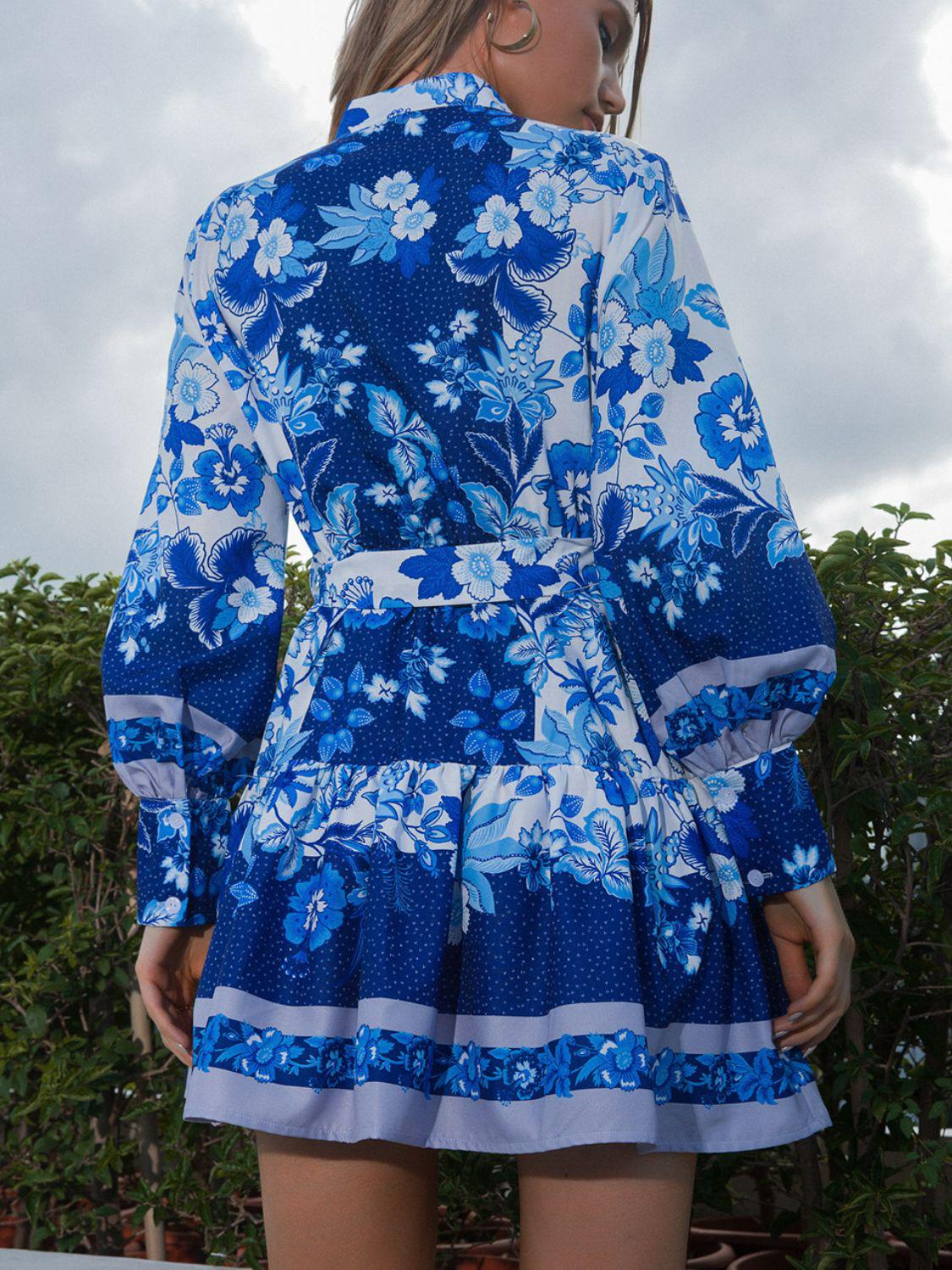 Bohemian Belted Bishop Sleeve Half Button Mini Dress BLUE ZONE PLANET