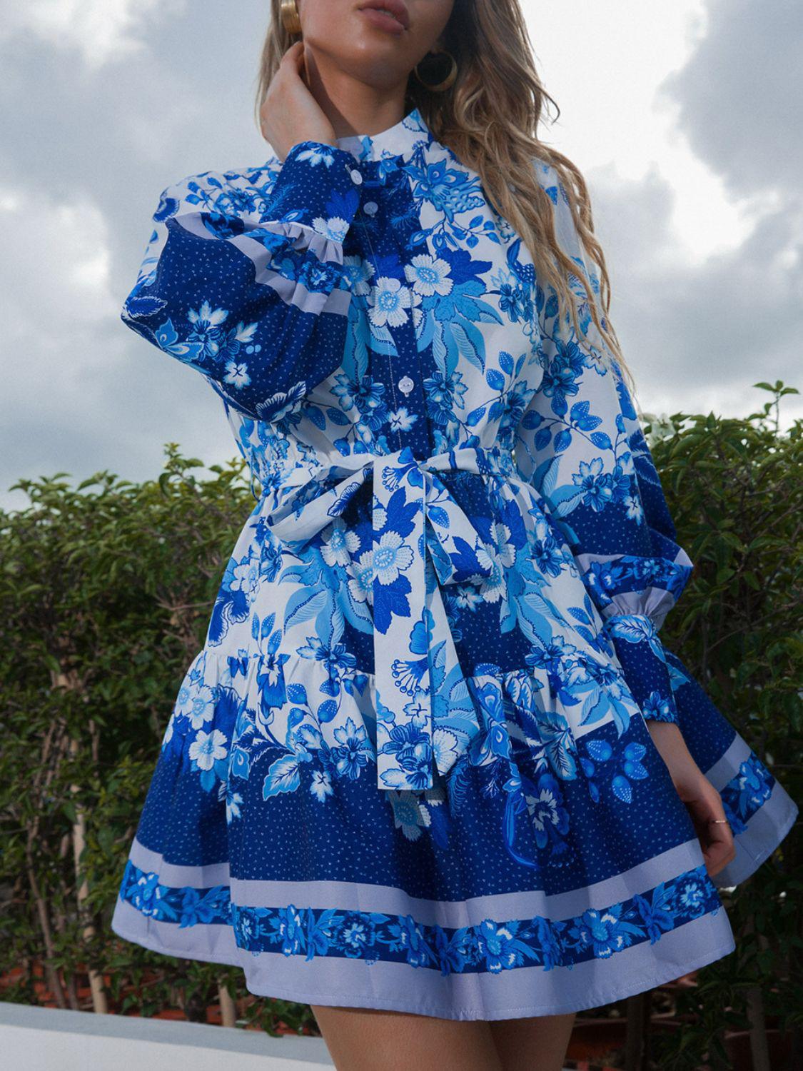 Bohemian Belted Bishop Sleeve Half Button Mini Dress BLUE ZONE PLANET