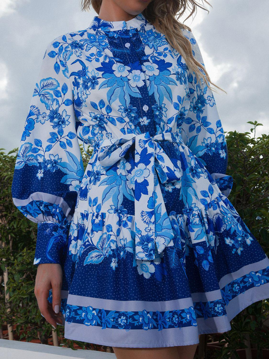 Bohemian Belted Bishop Sleeve Half Button Mini Dress BLUE ZONE PLANET