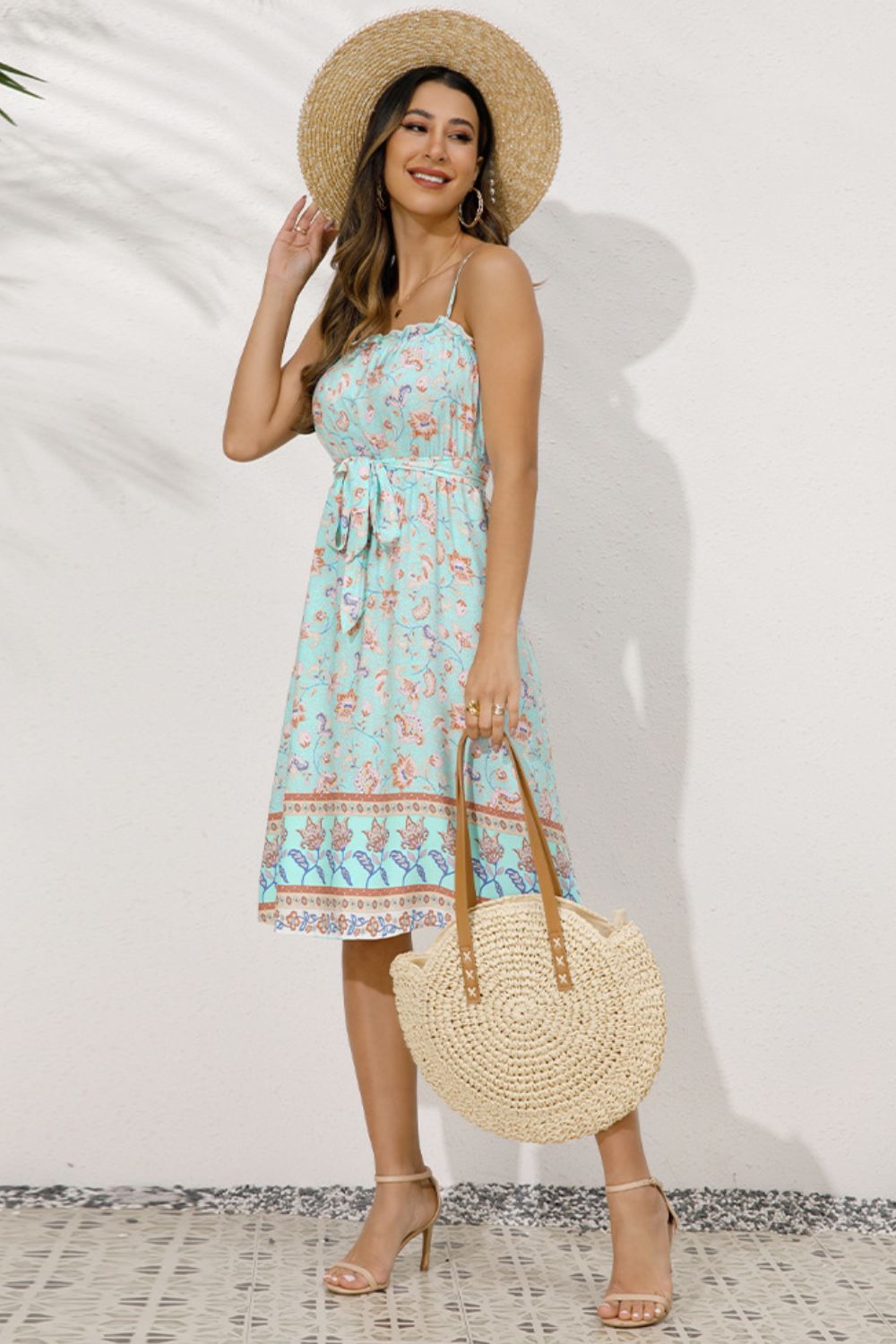Bohemian Belted Frill Trim Spaghetti Strap Dress BLUE ZONE PLANET