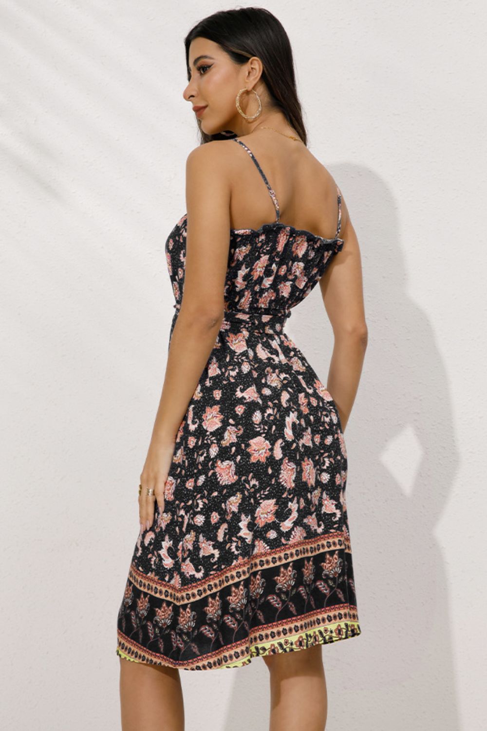 Bohemian Belted Frill Trim Spaghetti Strap Dress BLUE ZONE PLANET