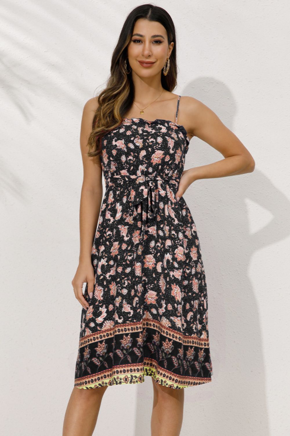Bohemian Belted Frill Trim Spaghetti Strap Dress BLUE ZONE PLANET
