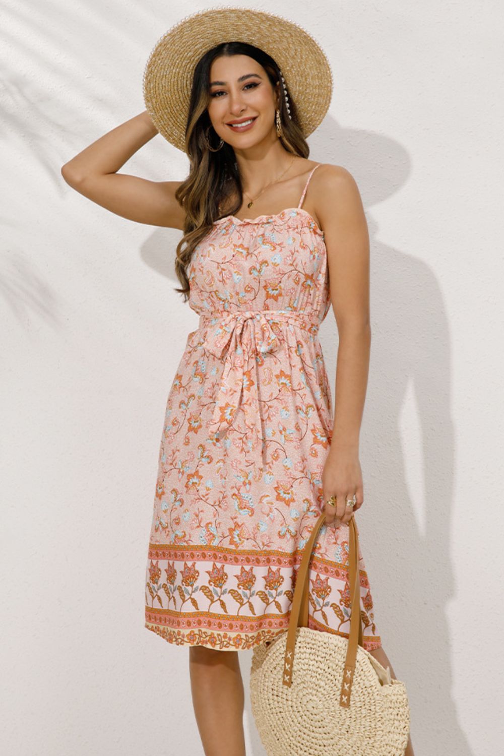 Bohemian Belted Frill Trim Spaghetti Strap Dress BLUE ZONE PLANET