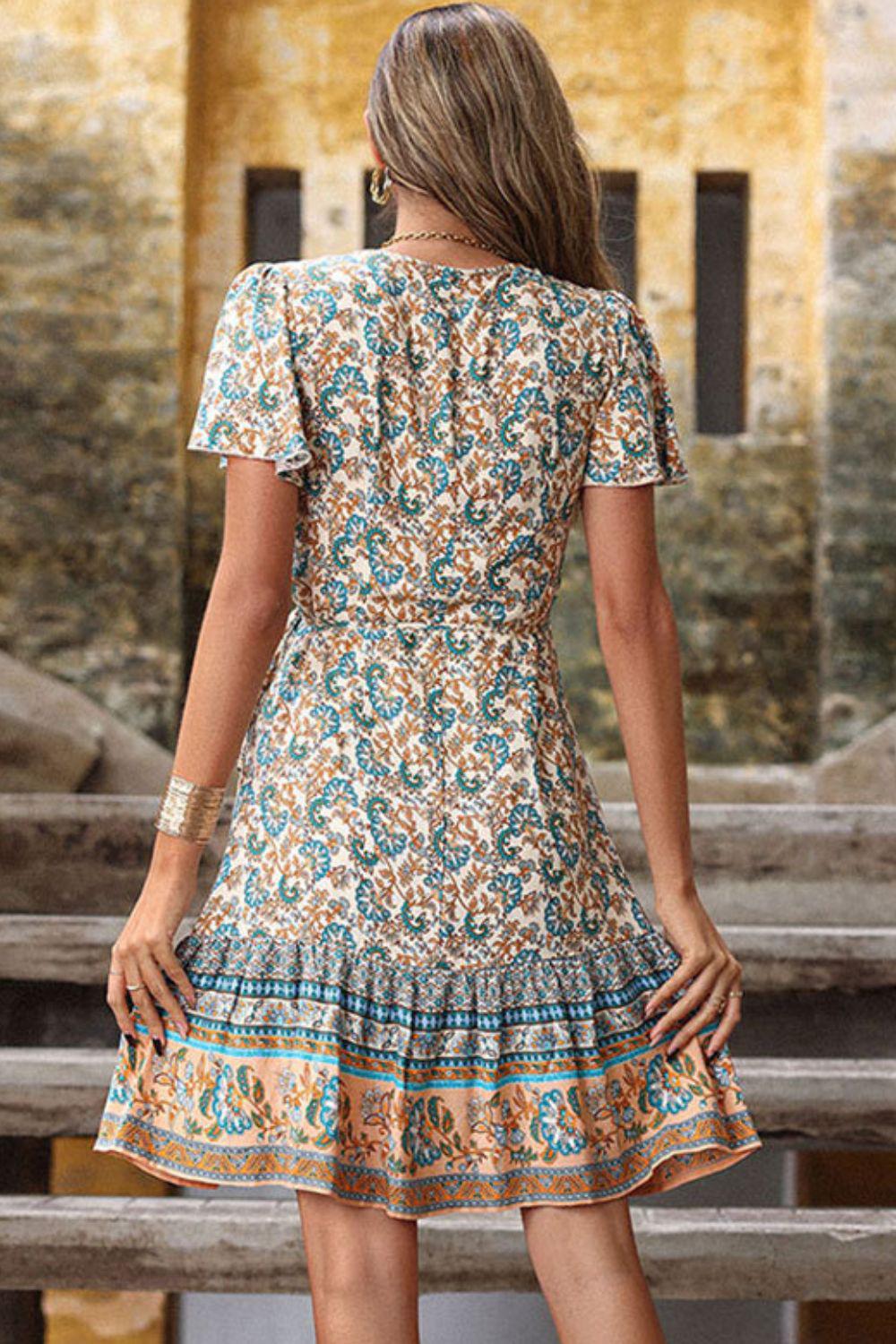 Bohemian Flutter Sleeve Surplice Dress BLUE ZONE PLANET
