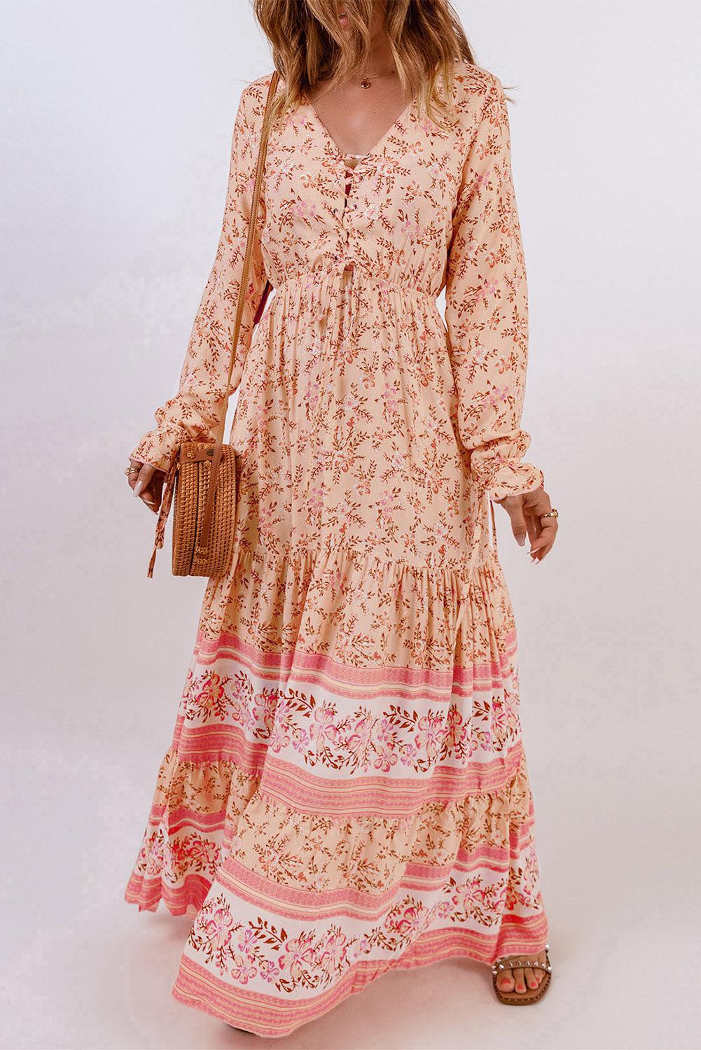 Bohemian Lace-Up Long Sleeve Maxi Dress BLUE ZONE PLANET