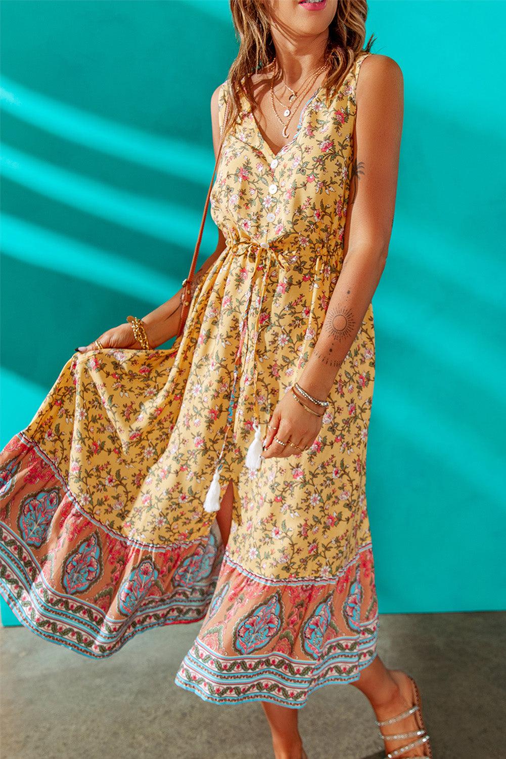 Bohemian Sleeveless Tassel Tie Slit Dress BLUE ZONE PLANET