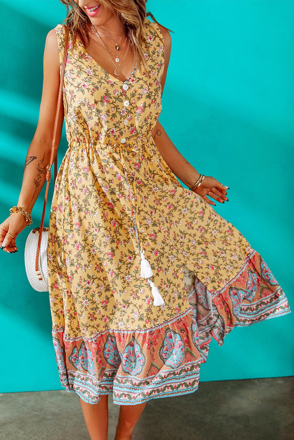 Bohemian Sleeveless Tassel Tie Slit Dress BLUE ZONE PLANET