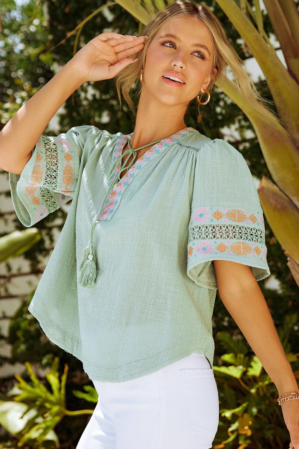 Bohemian Tassel Half Puff Sleeve Top BLUE ZONE PLANET