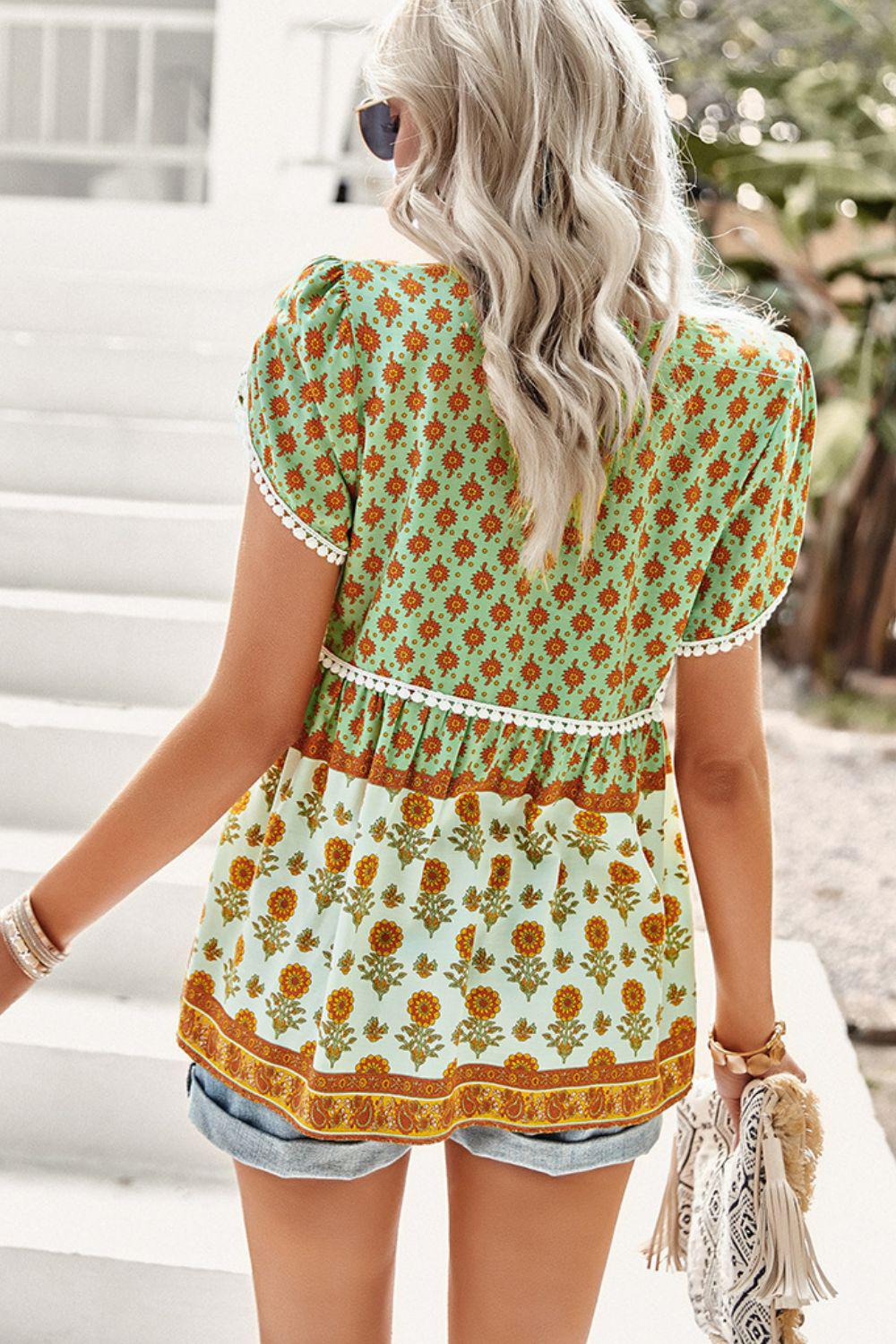 Bohemian Tie Neck Buttoned Blouse BLUE ZONE PLANET