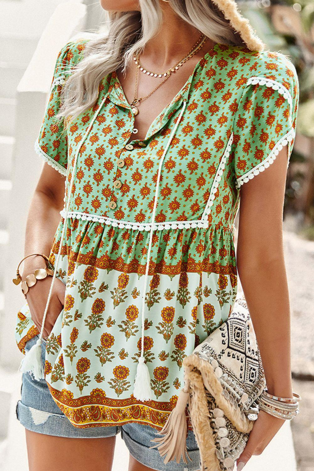 Bohemian Tie Neck Buttoned Blouse BLUE ZONE PLANET