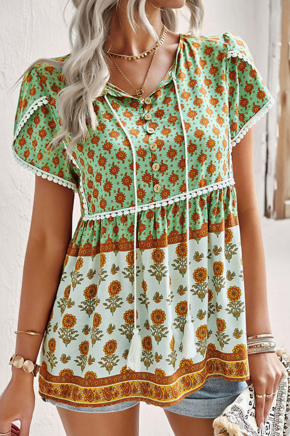 Bohemian Tie Neck Buttoned Blouse BLUE ZONE PLANET