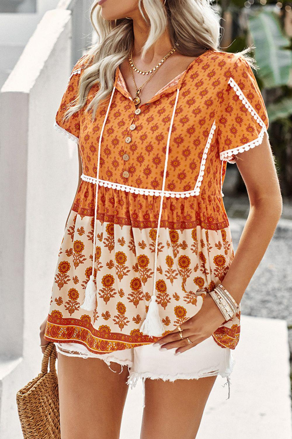 Bohemian Tie Neck Buttoned Blouse BLUE ZONE PLANET