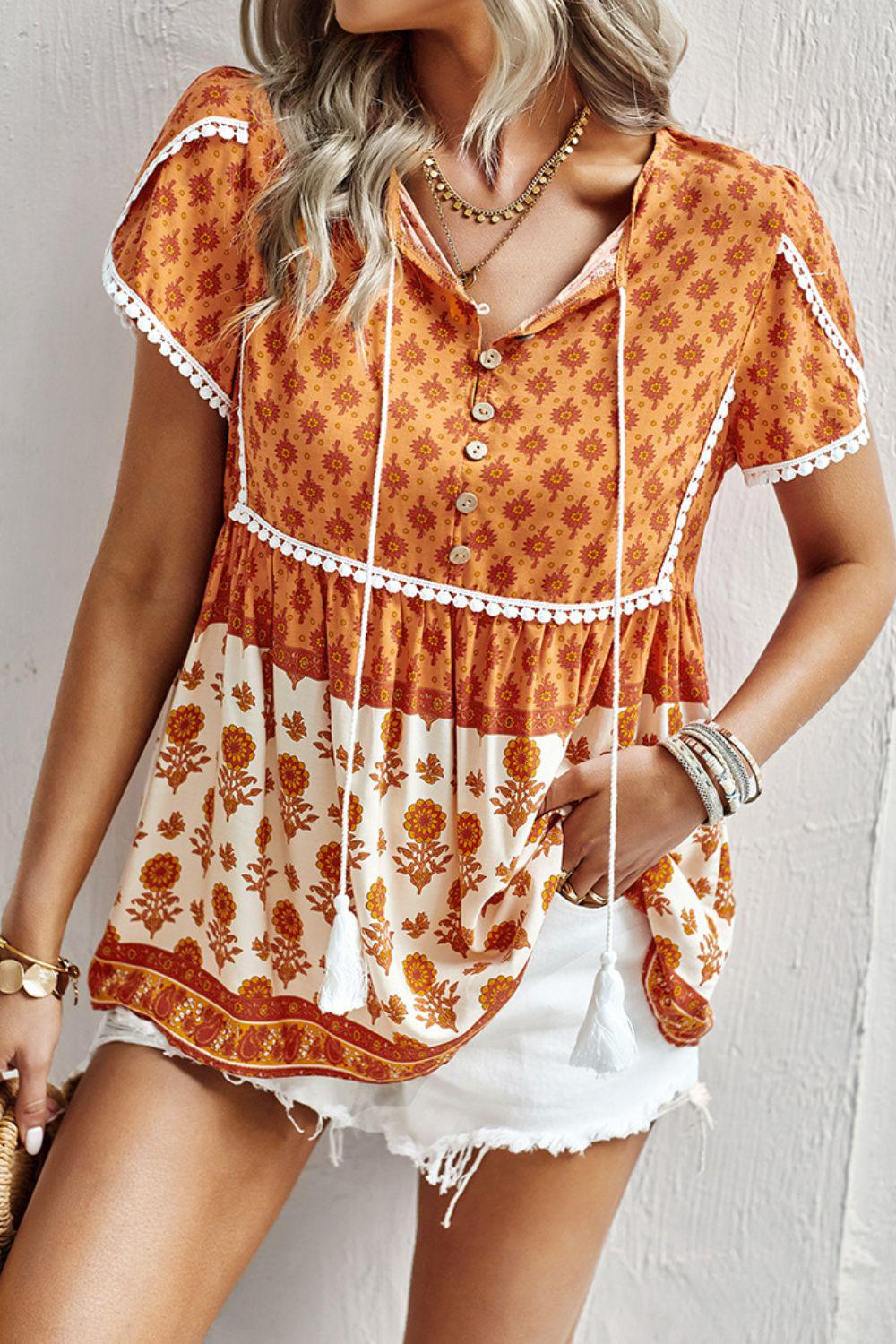 Bohemian Tie Neck Buttoned Blouse BLUE ZONE PLANET