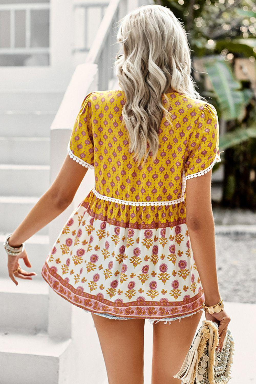 Bohemian Tie Neck Buttoned Blouse BLUE ZONE PLANET