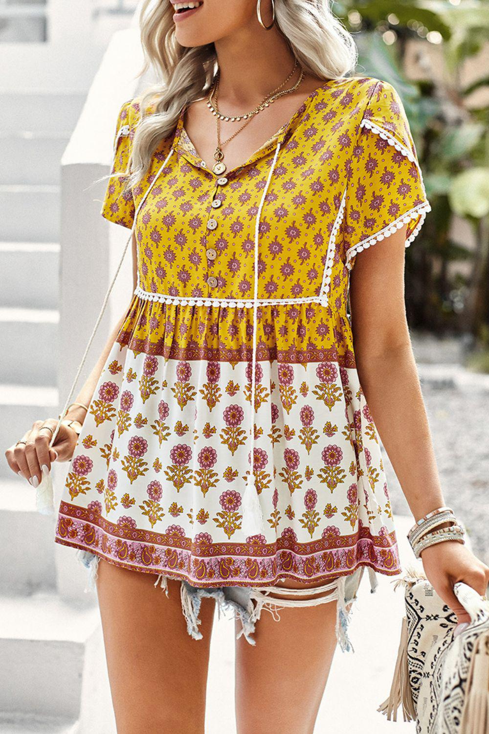 Bohemian Tie Neck Buttoned Blouse BLUE ZONE PLANET