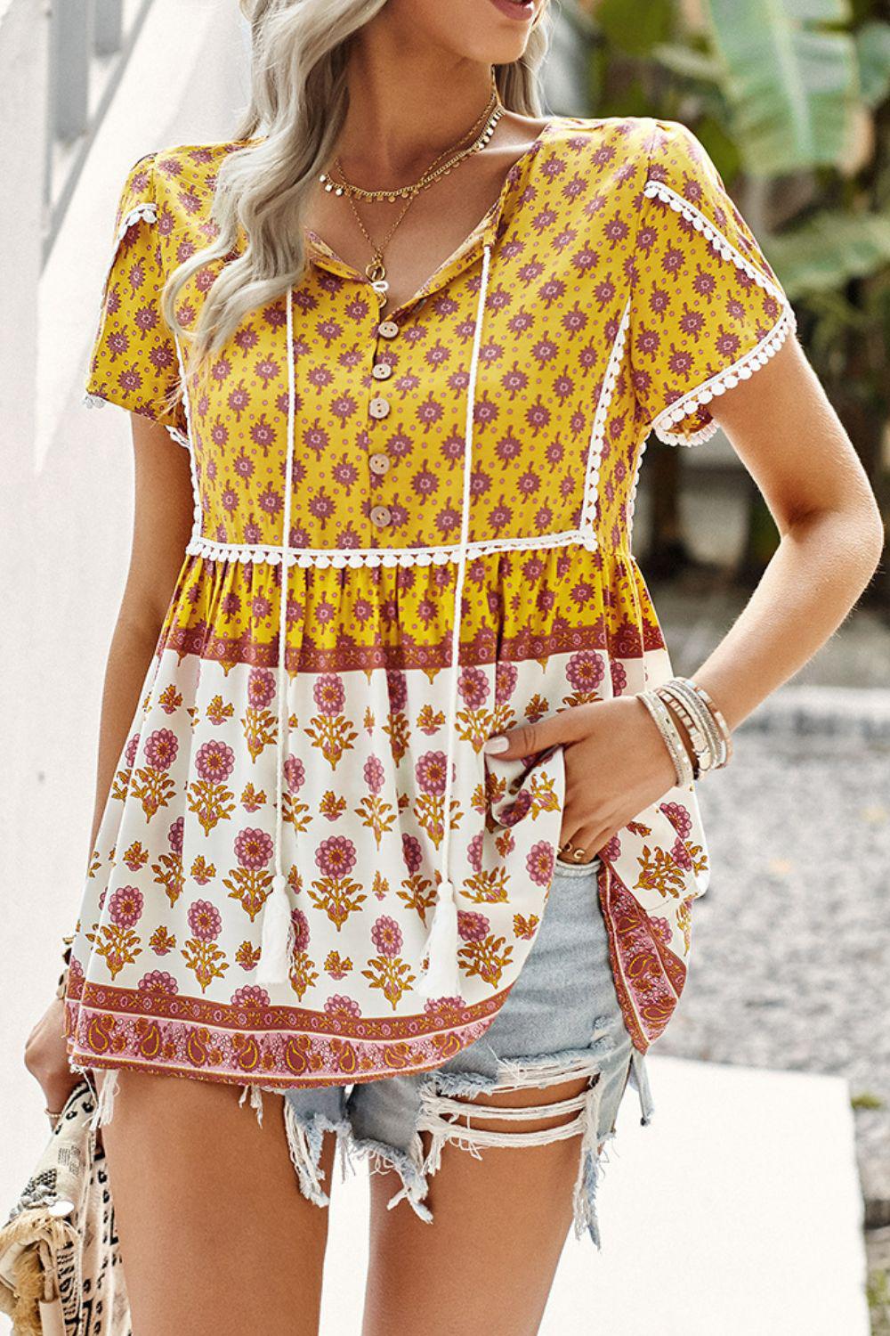 Bohemian Tie Neck Buttoned Blouse BLUE ZONE PLANET