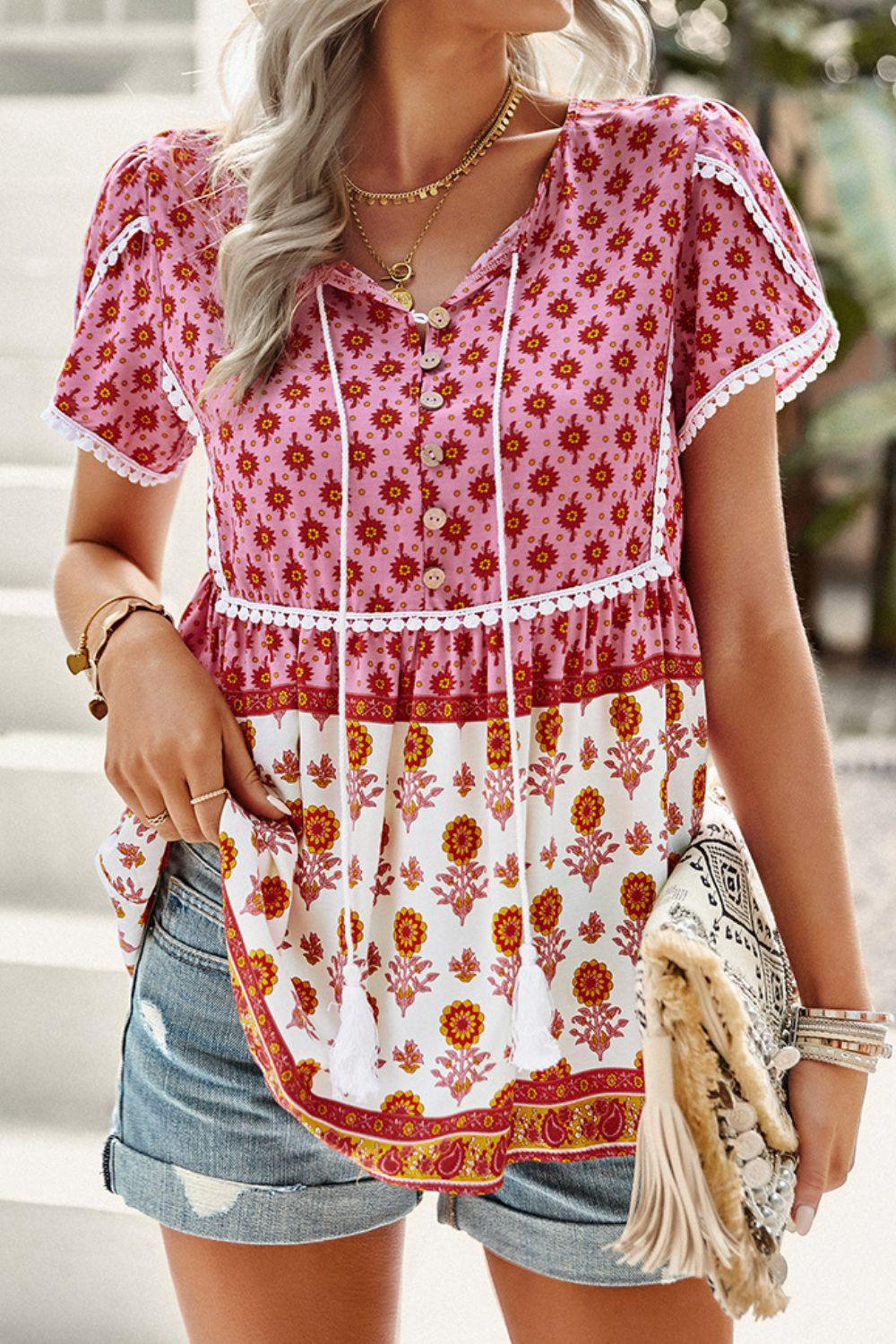Bohemian Tie Neck Buttoned Blouse BLUE ZONE PLANET