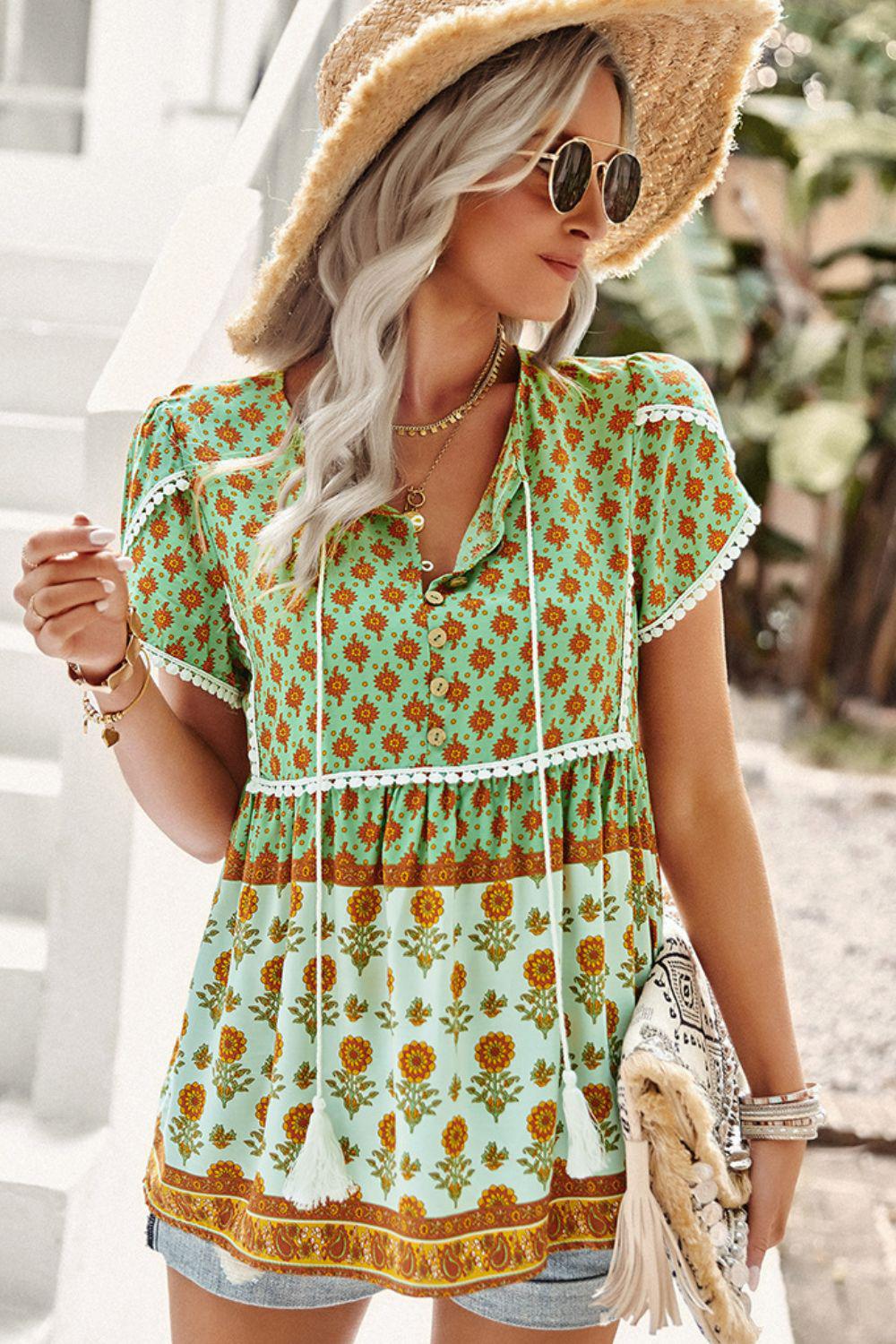 Bohemian Tie Neck Buttoned Blouse BLUE ZONE PLANET