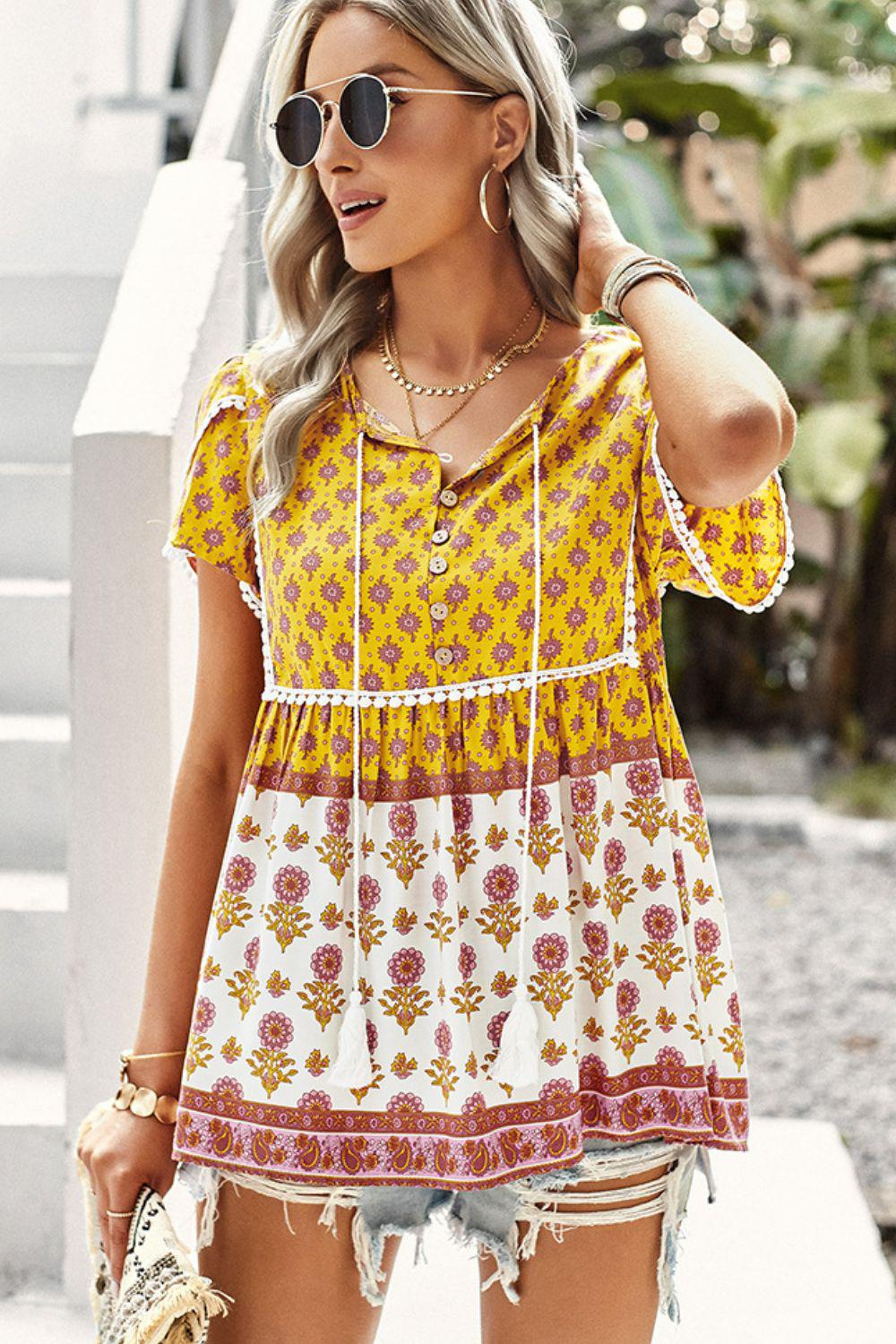 Bohemian Tie Neck Buttoned Blouse BLUE ZONE PLANET