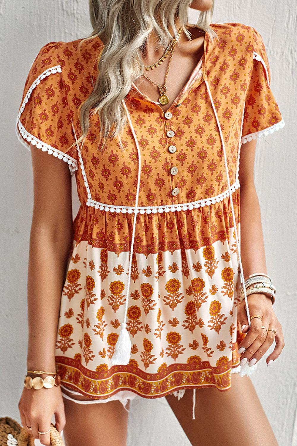 Bohemian Tie Neck Buttoned Blouse BLUE ZONE PLANET