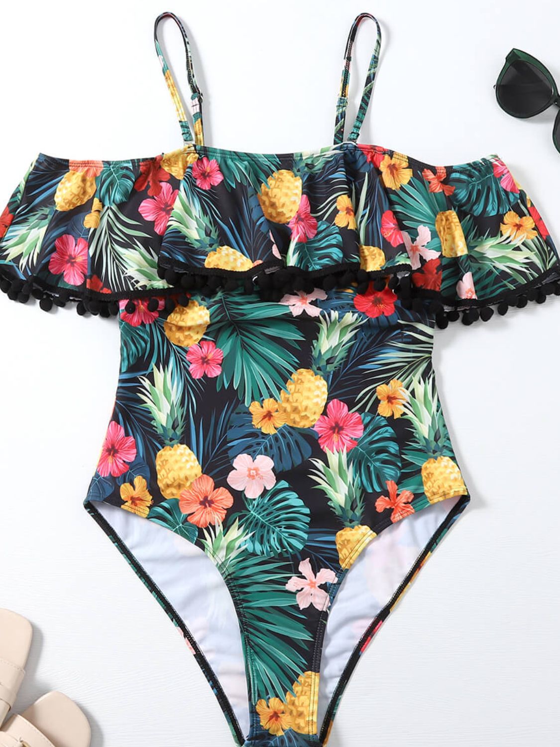 Botanical Print Cold-Shoulder One-Piece Swimsuit BLUE ZONE PLANET