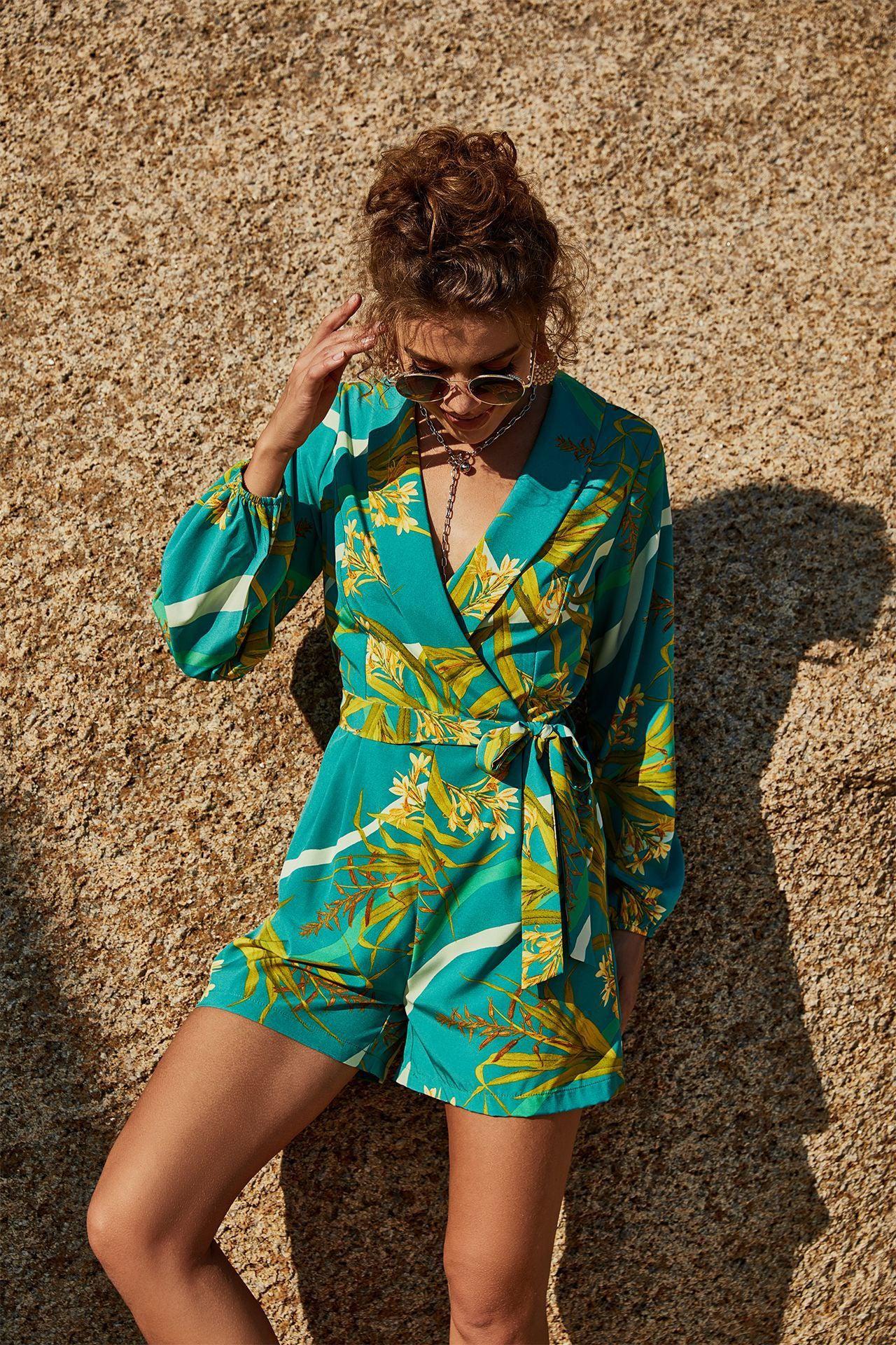 Botanical Print Long Sleeve Romper BLUE ZONE PLANET