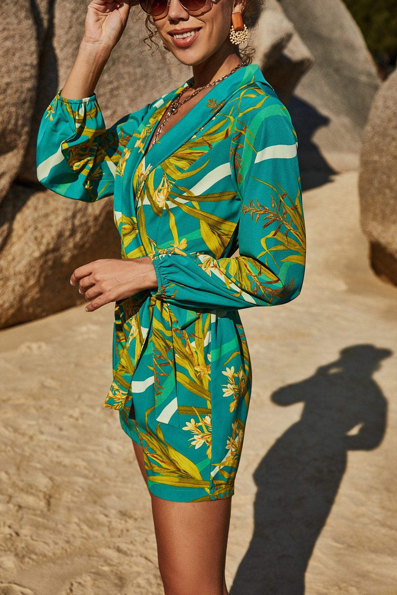Botanical Print Long Sleeve Romper BLUE ZONE PLANET