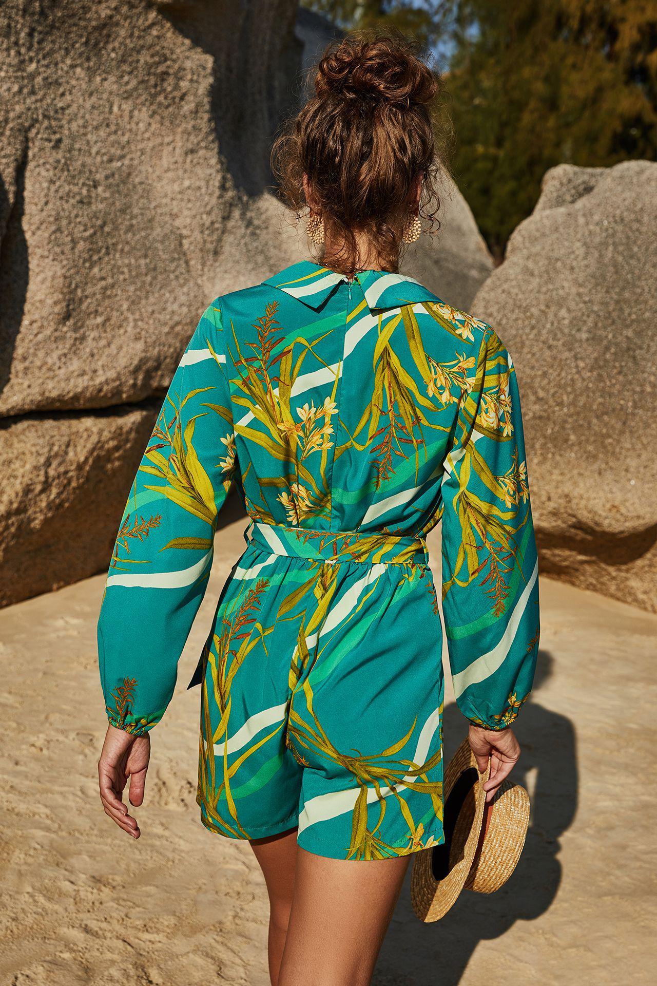 Botanical Print Long Sleeve Romper BLUE ZONE PLANET